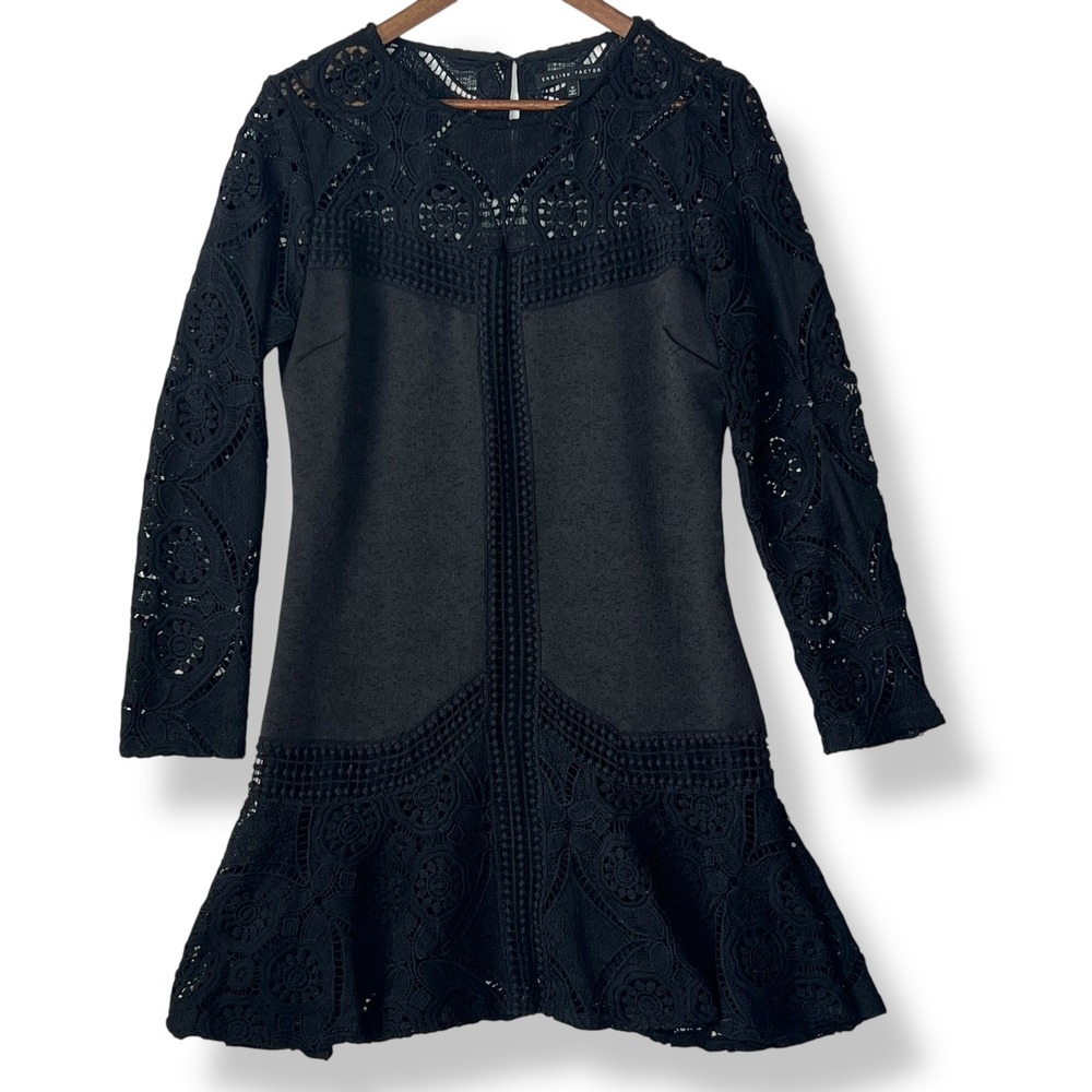 English Factory Dress M Black Crochet Lace Long Sleeve Mini Flare Hem Whimsigoth